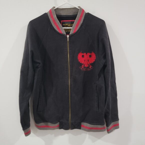 Vintage Old Navy Surplus Mens Varsity Jacket Size Medium Gray Patch Bomber - Picture 1 of 7
